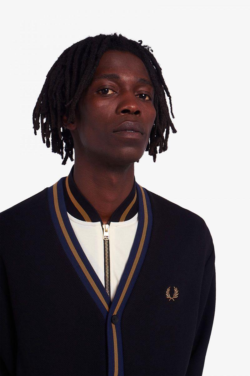 Black Fred Perry Tipped Piqué Textured Cardigan Men's Knitwear | PH 1326HAPK